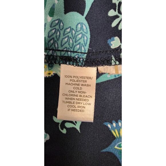 ANN TAYLOR LOFT PEACOCK PRINT SCOOP NECK LONG SLEEVE BLOUSE TEAL/BLACK SMALL - Picture 9 of 9